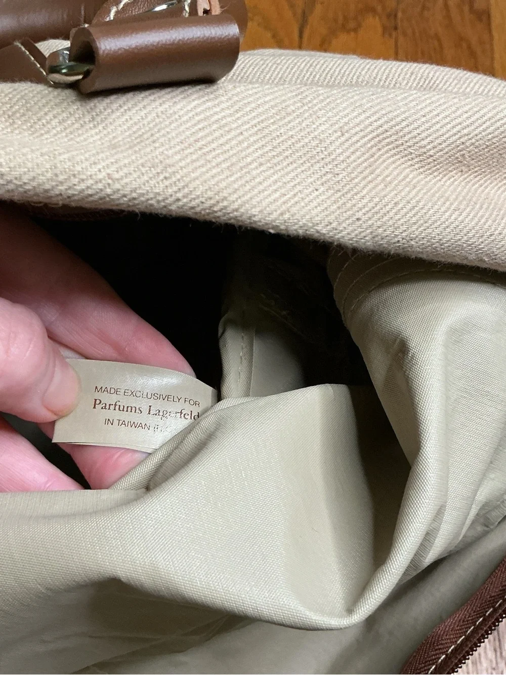 Lagerfeld “Club Parfums” Vintage Travel Tote Tan Canvas with Brown Trim